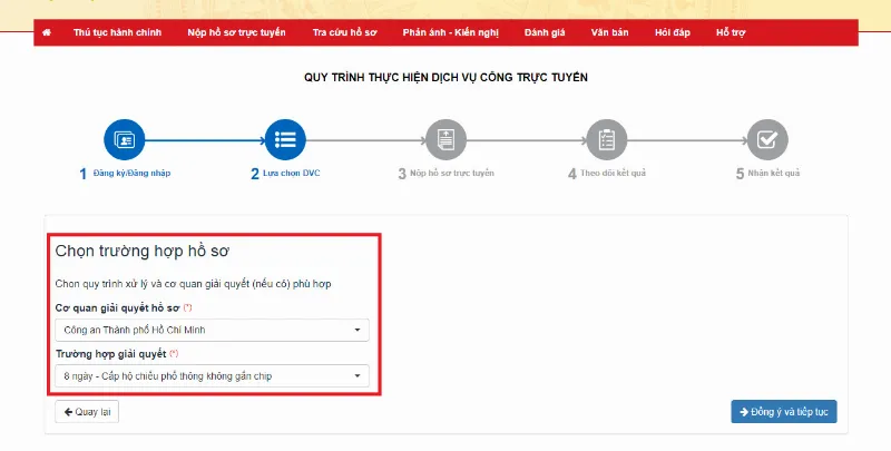 Bấm chọn “Cơ quan giải quyết hồ sơ” phù hợp sau đó chọn “Đồng ý và tiếp tục”